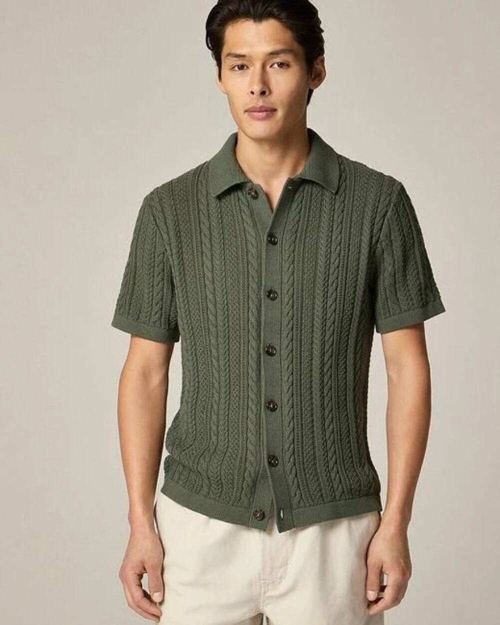 J.Crew Cotton Cable-Knit Cardigan Sweater Polo in Cool Cypress Green Sz MED